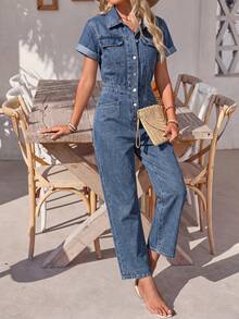 EMERY ROSE Jumpsuit Denim Kasual Wanita dengan Saku untuk Pemakaian Sehari-hari - Biru - View 3