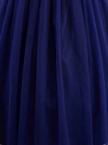 Teen Girl Solid Color Open Shoulder Contrast Mesh Hem Elegant Formal Dress Navy Blue Summer - Royal Blue - View 6