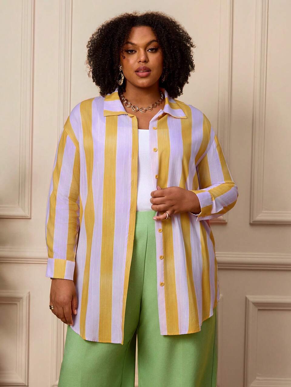 Plus Size Women's Color Block Striped Lapel Collar Long Sleeve Button Front Loose Fit Shirt Casual Vacation Going Out Fall Fashion 2026
