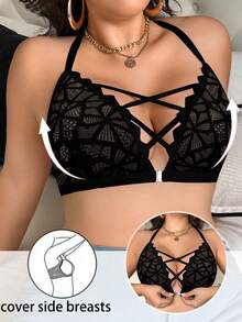 Seduluxe 1pc Plus Size Front Open Hook Lace Bralette, Wireless, Lift Lingerie Bra - Black - View 4