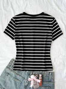 SHEIN 青少年女孩修身休閒簡約舒適圓領半鈕扣棕色與粉色條紋短袖T恤 - 黑色 - 查看 2