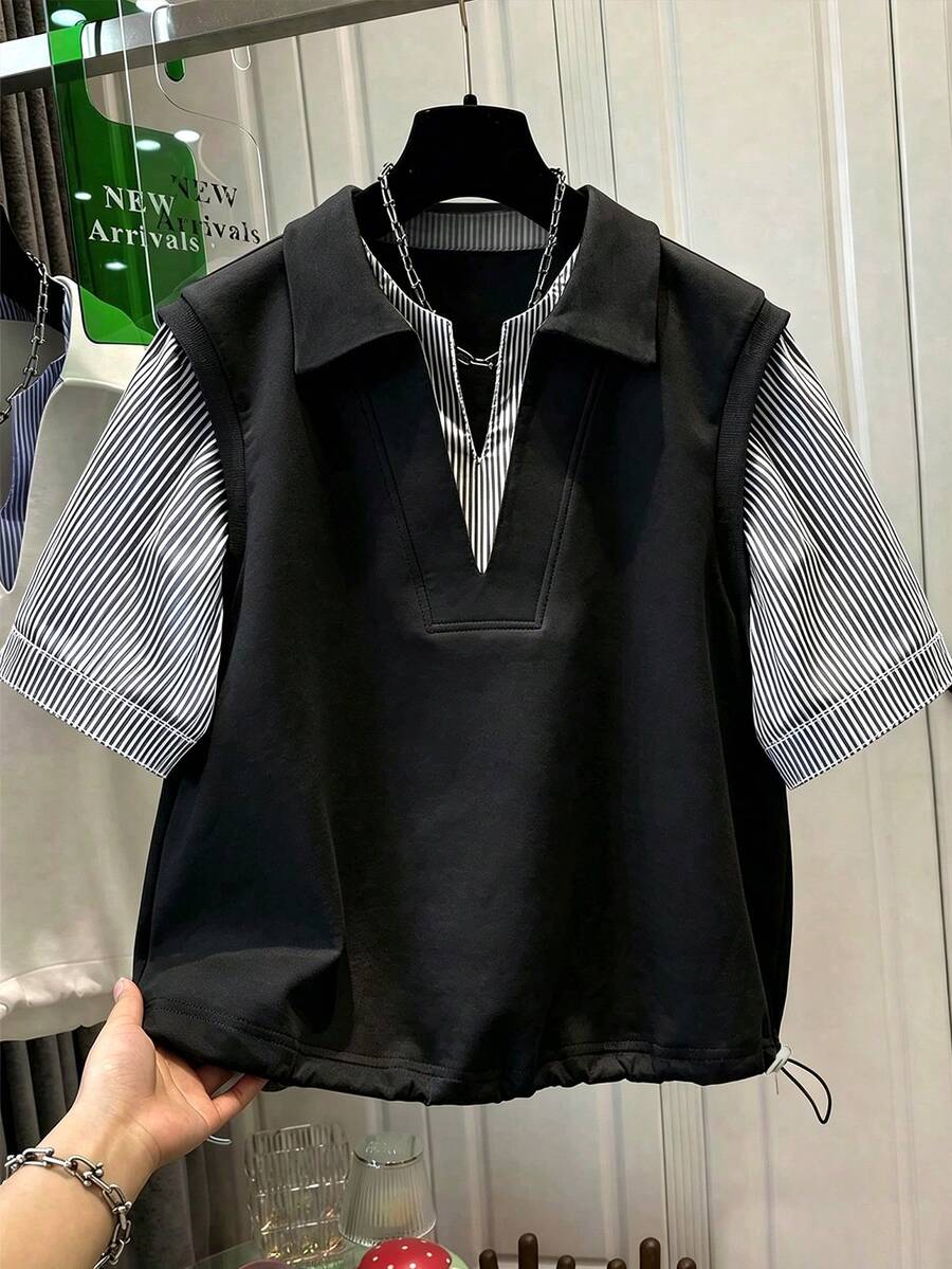 Resyla Fashion Patchwork Striped Casual Women's Commute Daily Home Top - Black - View 1