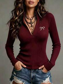 Trelyra Zipper Slim Fit High Neck T-Shirt Long Sleeve - Burgundy - View 1