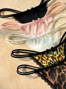Bare Chapter Comfortable Leopard Print Lace Trim Thong 5-Pack - Multicolor - View 3