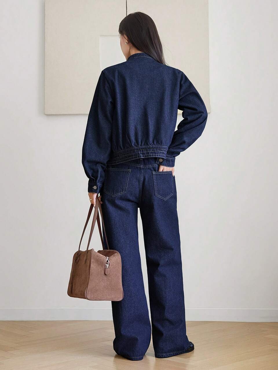 Round Neck Button Pocket Decor Long Sleeve Dark Blue Cropped Denim Jacket With Wide Leg Pants Set