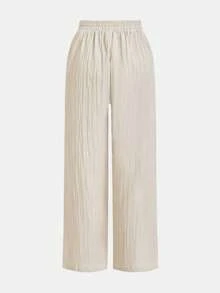 SHEIN PETITE CURVE 大尺碼女款純色腰部綁帶寬腿長褲 - 彩色 - 查看 9