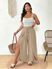 SHEIN Frenchy Plus Size Solid Color Paper Bag Waist Casual Bohemian Boho Drawstring Wrap Loose Pants Beach Vacation Vacation Vacation Gym Beige Autumn Fall - Apricot - View 6