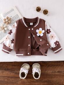 SHEIN Playful Pals 幼兒女嬰可愛棕色奶油色花朵貼布花卉印花條紋羅紋長袖棒球領常規版生日秋季公主風保暖夾克 - 棕色 - 查看 4