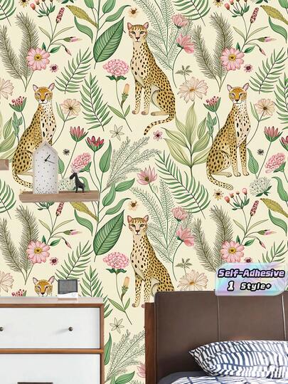 1PC Bohemian Animal Peel And Stick Wallpaper Tropical Leaves Floral Jungle Leopard Self Adhesive Waterproof Removable Easy Clean Fade Resistant Friendly Decorative For Bedroom Bathroom Living Room Kitchen Home Decor Modern Vintage Style