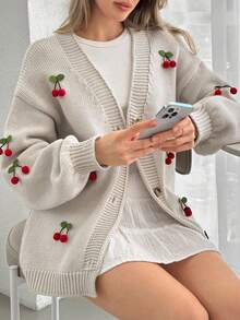 Women Solid Color 3d Cherry Pattern Accessory Deep V-Neck Front Button Drop Shoulder Chunky Cardigan - Apricot - View 4