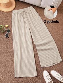 CosyJoli Women's Plus Size Loose Striped Textured Fabric Pants With Pockets, Suitable For Spring And Summer - Khaki - View 4