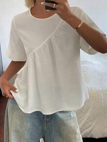 DAZY Women's Solid Color Loose Short Sleeve Round Neck Pleated Casual Vacation Summer Top Blouse School Thin Clothing - White - View 3