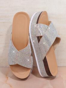 SHUZIA Ladies' Fashionable Glitter Platform Wedge Sandals For Christmas Valentine's Day Summer Shoes - Silver - View 2