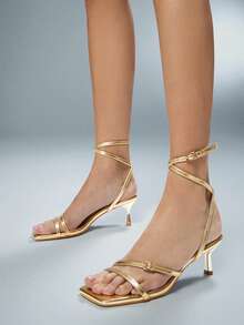 SHUZIA Sandal Wanita Elegan Minimalis dengan Ujung Persegi dan Tali Pergelangan Kaki serta Hak Stiletto - Emas - View 4