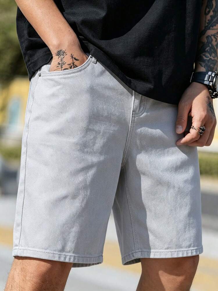 QuarKem Men's Casual Streetwear Bermuda Denim Wide Leg Shorts With Pockets City Break Vacation Light Grey Summer - Grey - View 3
