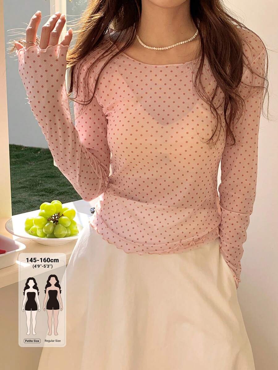 DAZY Atasan Wanita Kasual Jala Leher Bulat Lengan Panjang Motif Polkadot Musim Gugur - Baby Pink - View 1