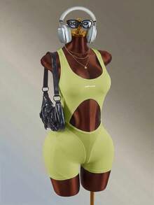Amplova Solid Color Backless Fitted Sports Romper - Yellow - View 4