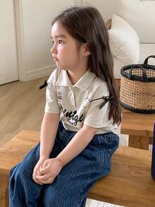 DAZY 女嬰字母印花 Polo 領短袖休閒上衣 秋季 - 粉色 - 查看 6