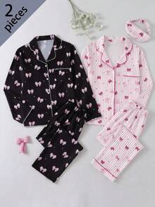 Teen Girls Black Base Bow Print Long Sleeve Cardigan & Long Pants 2 Pieces Set, Casual Comfortable Loungewear - Black - View 8