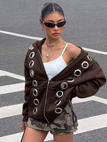 Muchica Chocolate Brown Fashionable Grommet Design Loose Open Front Thermal Lined Hooded Sweatshirt - Chocolate Brown - View 6