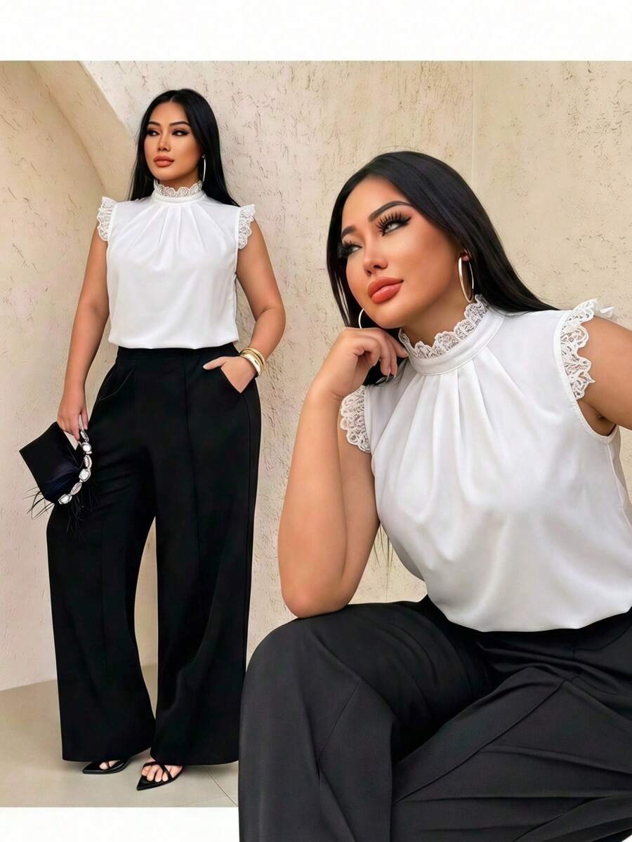 SHEIN SXY 大尺碼夏季優雅蕾絲拼接背心上衣 - 白色 - 查看 1