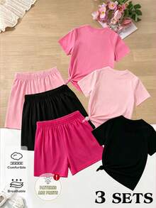 (3 Sets) Girls' Glitter Colorful Bow & Crown Pattern Basic Short T-Shirt + Shorts 6-Piece Set, Summer Daily Outfit - Multicolor - View 2