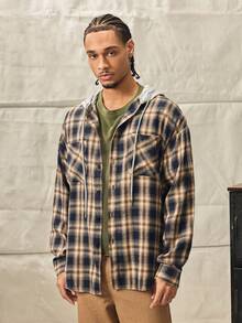 Norleigh Men's Casual Loose Fit Checkered Hooded Shacket With Chest Pocket, Adjustable Drawstring, Versatile For Spring Autumn - Navy Blue - View 7