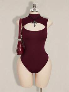 SHEIN ICON Women's Plus Size Hollow Out Solid Color Sexy Bodysuit Fall - Burgundy - View 3
