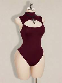 SHEIN ICON Women's Plus Size Hollow Out Solid Color Sexy Bodysuit Fall - Burgundy - View 4