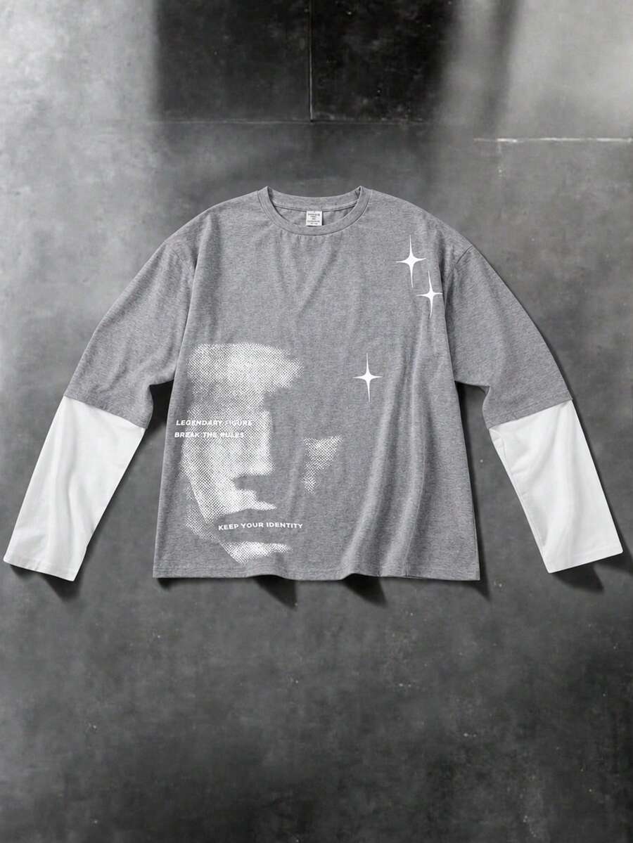 1pc Teen Boy's Casual Sports College Street Grey 2 In 1 T-Autumn Winter Shirt With Large Pattern - Grey - View 1