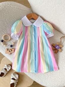 SHEIN Playful Pals 女嬰彩虹條紋短袖彼得潘領田園鄉村風度假舒適時尚可愛百搭夏季洋裝 - 彩色 - 查看 3