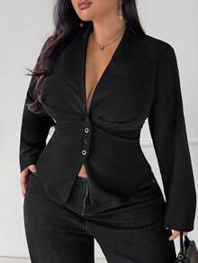 SHEIN SXY Plus Size Summer Black V-Neck Long-Sleeved Fitted Short Coat With Button Decorations, Concert Cocktail, Office, Elegant, Formal, Old Money, Classic - Black - View 6