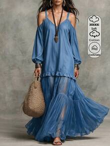 Omancia Women's Open Shoulder Lantern Sleeve Patchwork Chiffon Maxi Dress Vacation Dusty Blue Autumn Boho - Blue - View 1