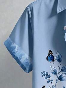 NEOREFINED 男士花卉蝴蝶印花短袖襯衫，休閒熱帶百搭日常襯衫，海灘度假藍色花卉夏季款 - 藍色 - 查看 4