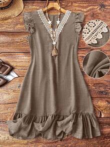 Linhara Plus Size Women V-Neck Denim Effect Cap Sleeve Dress Fall - Khaki - View 1