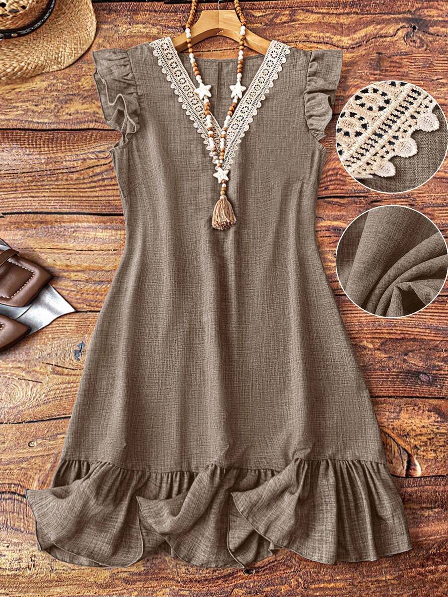 Linhara Plus Size Women V-Neck Denim Effect Cap Sleeve Dress Fall - Khaki - View 1