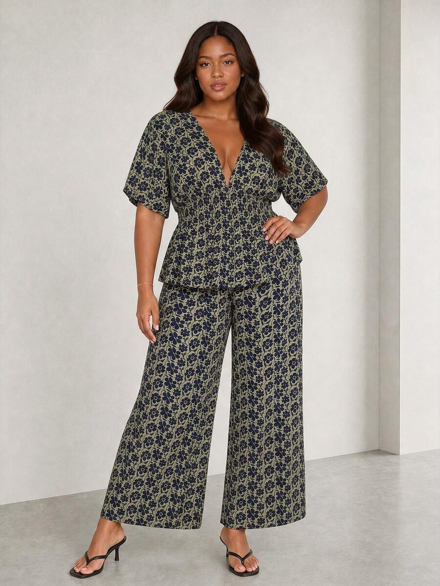 ELLERISSA Setelan Blus Leher V Motif Bunga Kecil Warna Cokelat Kopi Ukuran Plus dan Celana Panjang Lebar - Coffee Brown - View 1