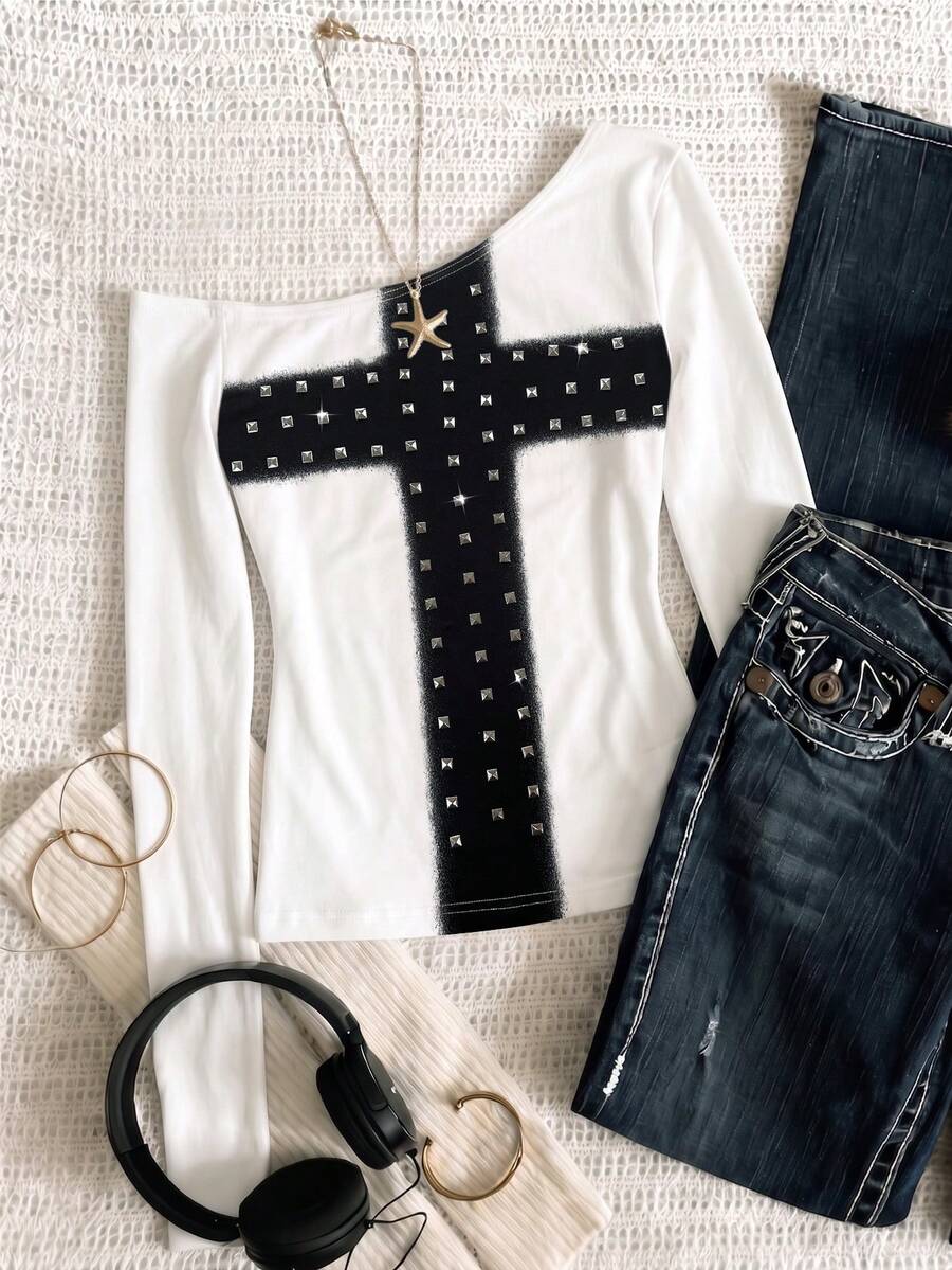 IslaSuriya Women's Cross Print Rivet Decor Asymmetric Collar T-Shirt - White - View 1