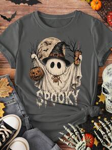 EMERY ROSE Kaos Lengan Pendek Ukuran Besar Motif Topi Penyihir Vintage, Hantu, Kopi, , dan Tong, Tema Halloween Menyeramkan - Grey - View 1