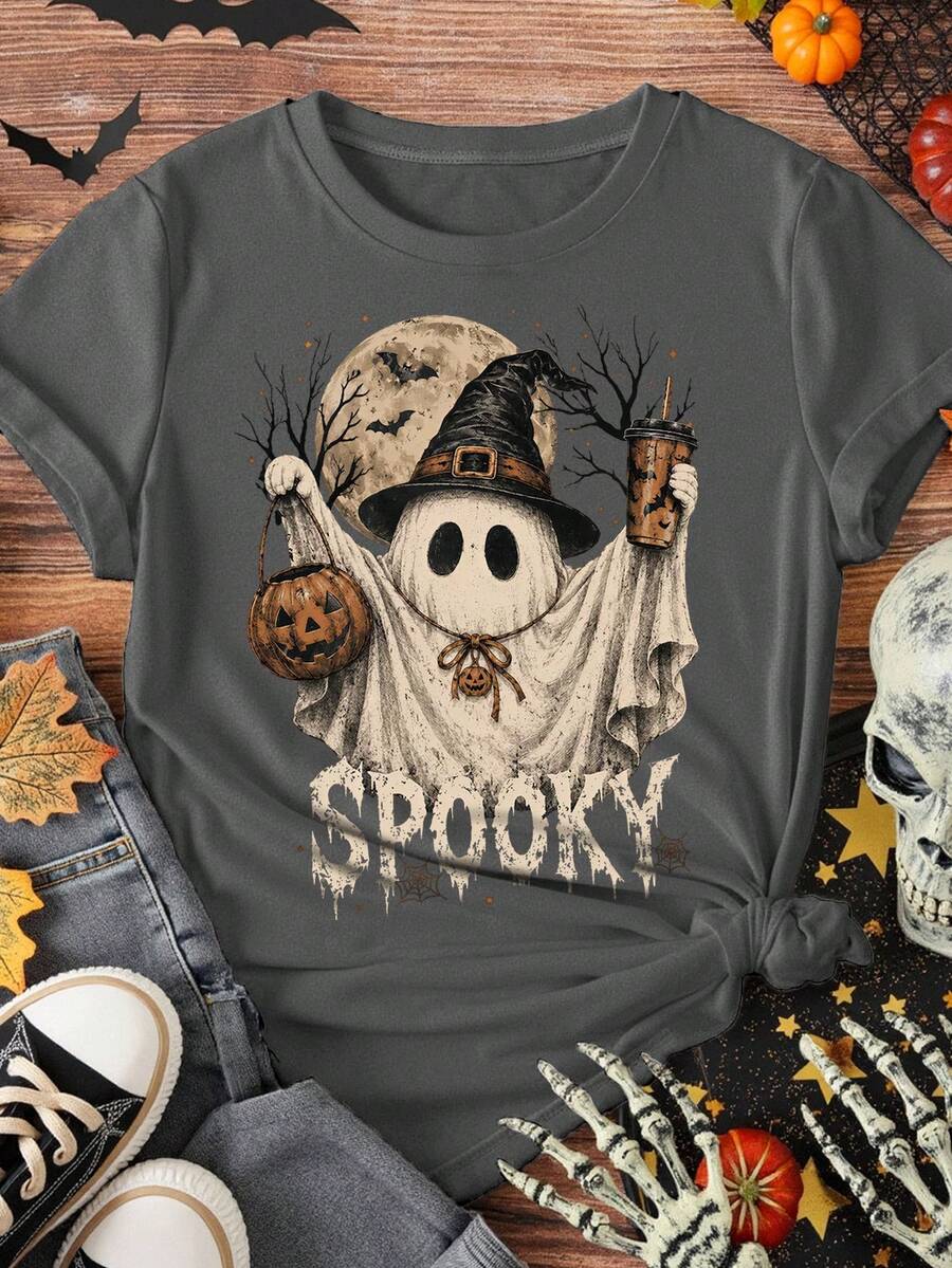 EMERY ROSE Kaos Lengan Pendek Ukuran Besar Motif Topi Penyihir Vintage, Hantu, Kopi, , dan Tong, Tema Halloween Menyeramkan - Grey - View 1
