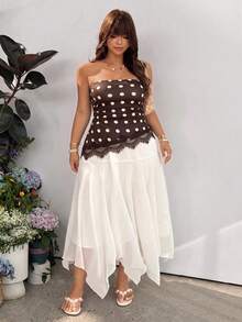 GalTyme Atasan Bandeau Motif Polkadot Patchwork Renda untuk Wanita Ukuran Plus - Coklat - View 4