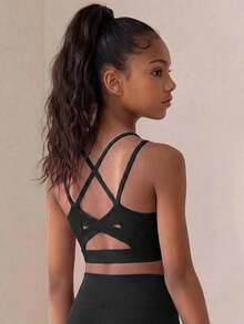 SHEIN Tween Girl Criss Cross Back Sports Bra, Autumn Winter, Fall, Back To School, Yoga, Gym, Running, Training, Stretchy, Breathable, Elastic, Active - Black - View 2