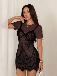 SHEIN PETITE 女款短袖蕾絲 2 合 1 巧克力棕黑色迷你洋裝 夜店聚會夏季性感 - 棕色 - 查看 4
