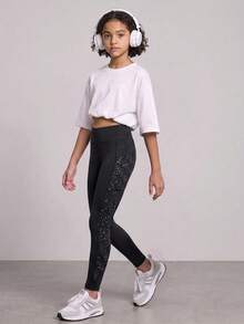 SHEIN Tween Girl Contrast Panel Phone Pocket Top-Stitching Active Leggings, Autumn Winter, Fall, Back To School, Yoga, Running, Cycling, Gym, Workout - Black - View 4