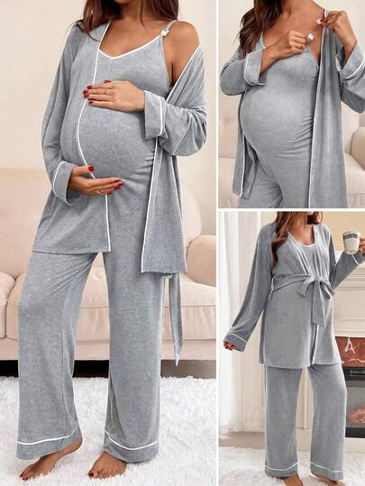SHEIN Maternity Long Sleeve Robe And Camisole Jumpsuit Nursing 2 Pieces Set Fall