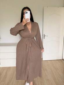 Napfluff CURVE Napfluff CURVE Slouchy Minimalist Long Plus Size Robe, Elegant Tie Waist Comfortable Loungewear - Brown - View 1