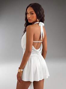 Avantive Women's Solid Color Versatile Cowl Neck Pleated Halter Tie Strap Dress - White - View 3