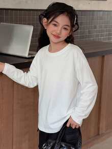 Dazy Kids 青少年女孩純色圓領落肩長袖休閒寬鬆T恤 - 白色 - 查看 1