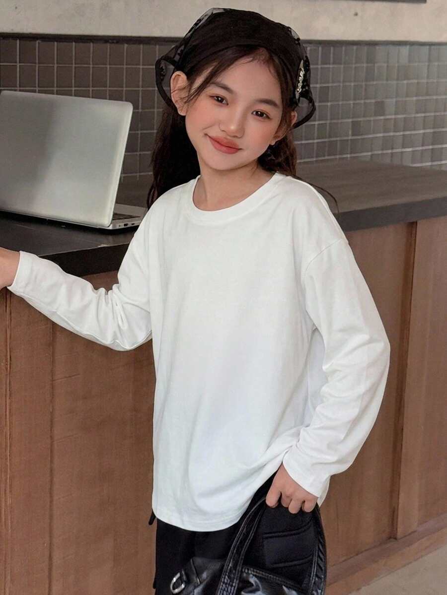 Dazy Kids 青少年女孩純色圓領落肩長袖休閒寬鬆T恤 - 白色 - 查看 1