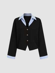 Sweetra Women's Sweet Elegant Commute Preppy Style Striped Patchwork 2 In 1 Jacket - Black - View 1